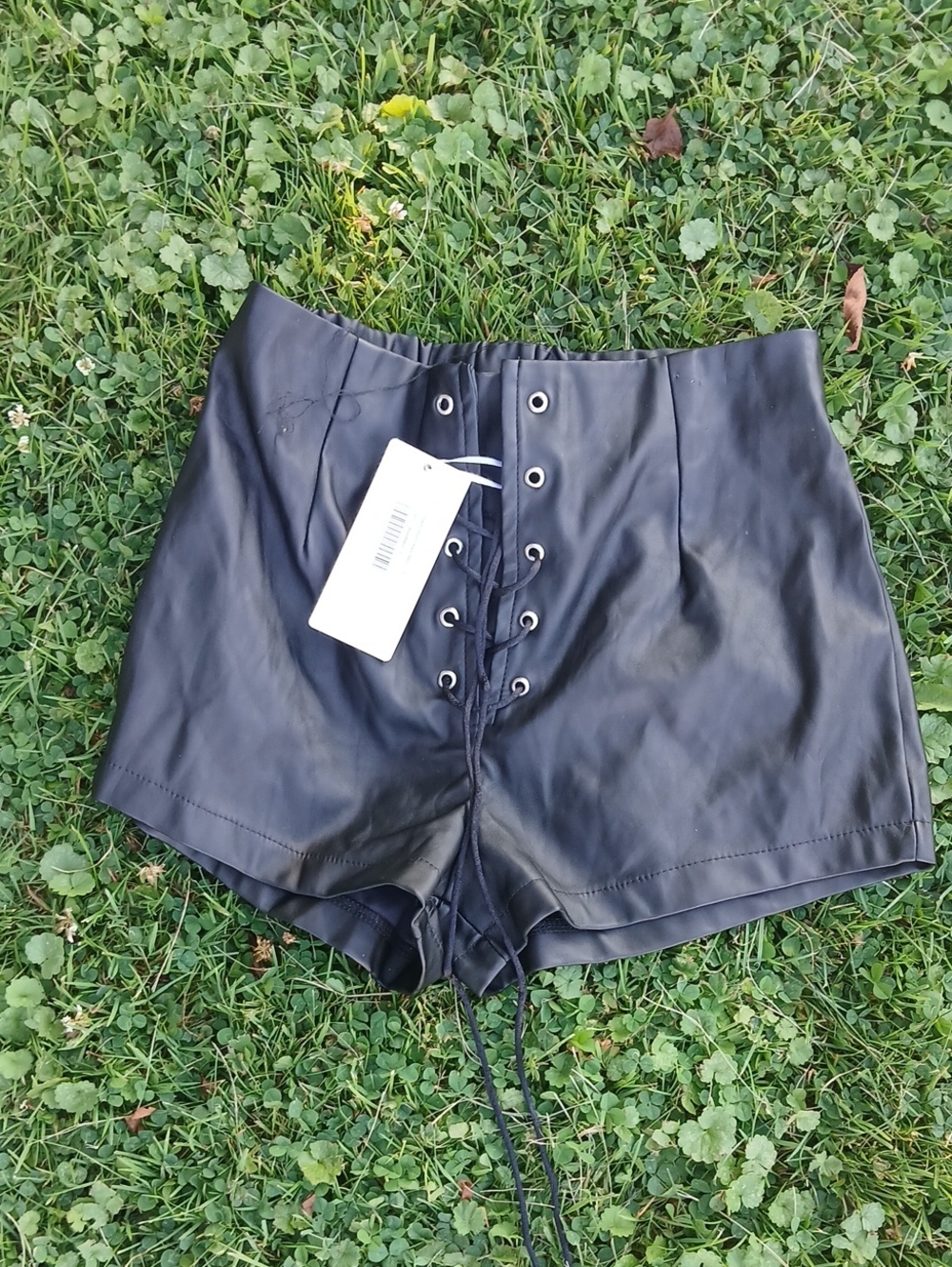 High-Waist Lace-Up Gravity Shorts Black Matte Faux Leather Women's Shorts